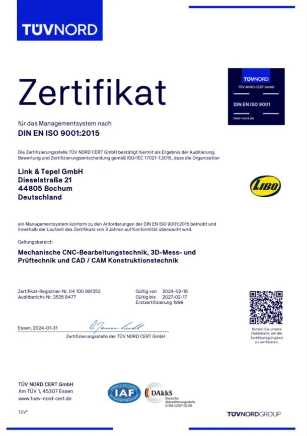 TÜV-Nord-Zertifikat DIN EN ISO 9001 der Link & Tepel GmbH