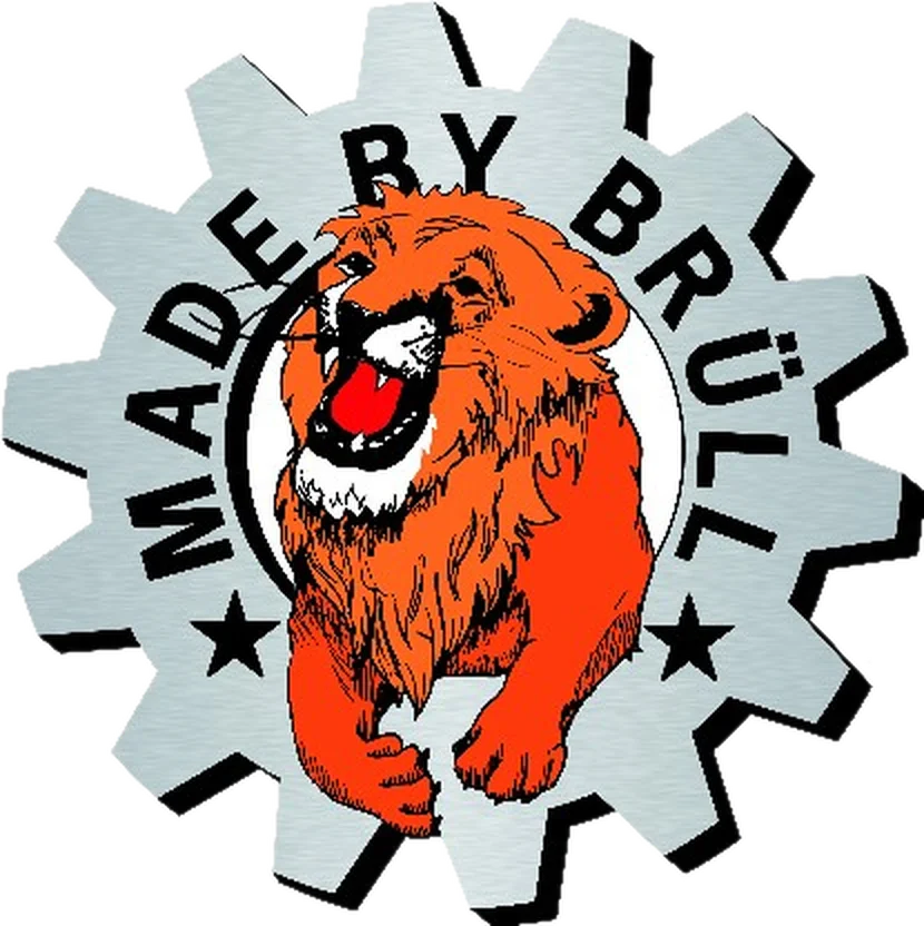 Emblem Made by Brüll: Löwe im Zahnrad