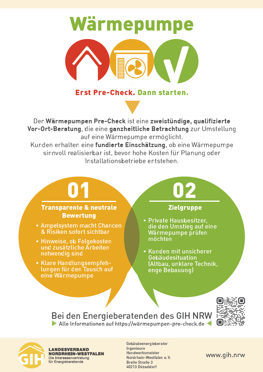 Flyer des GIH: Wärmepumpen Pre-Check. Erst Pre-Check, dann starten.