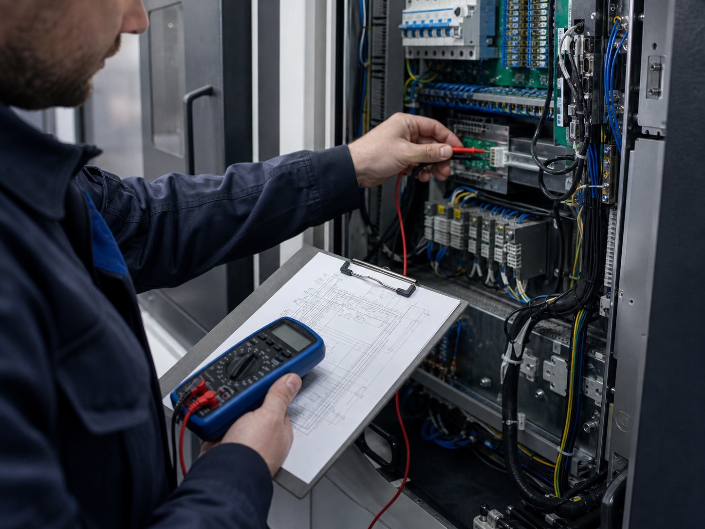Techniker prüft den Schaltschrank einer Werkzeugmaschine mit einem Multimeter