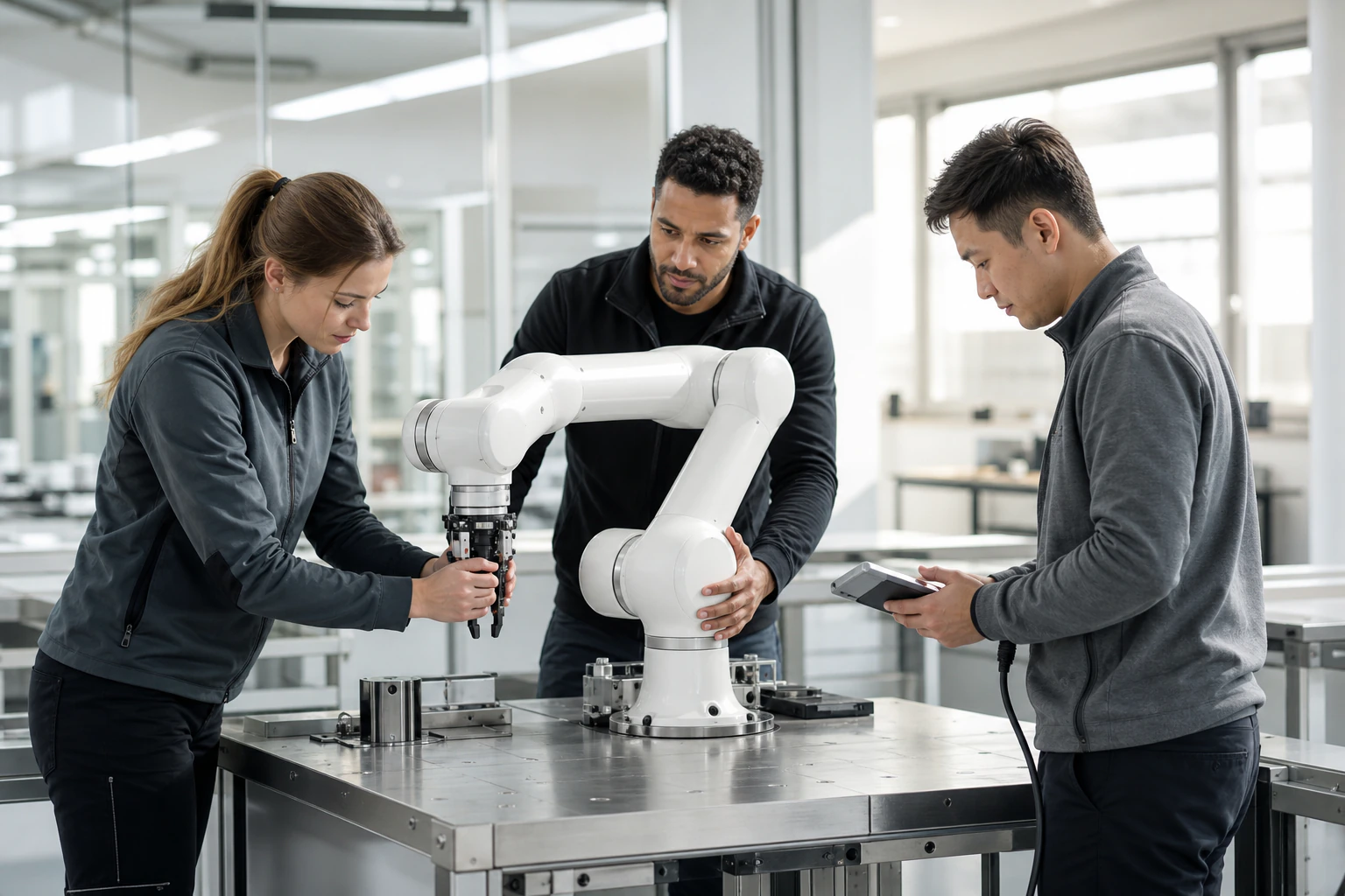 Drei Robotik-Fachkräfte nehmen gemeinsam einen kollaborativen Roboter in Betrieb