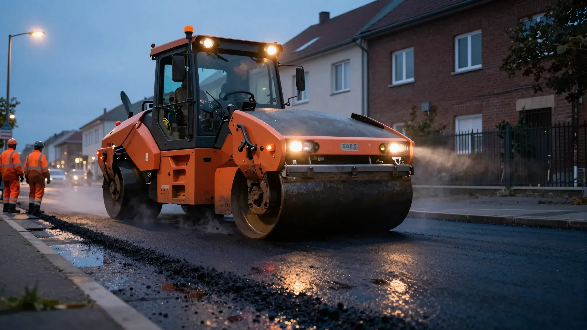 Tandemwalze verdichtet frischen Asphalt auf einer Wohnstraße in der Dämmerung