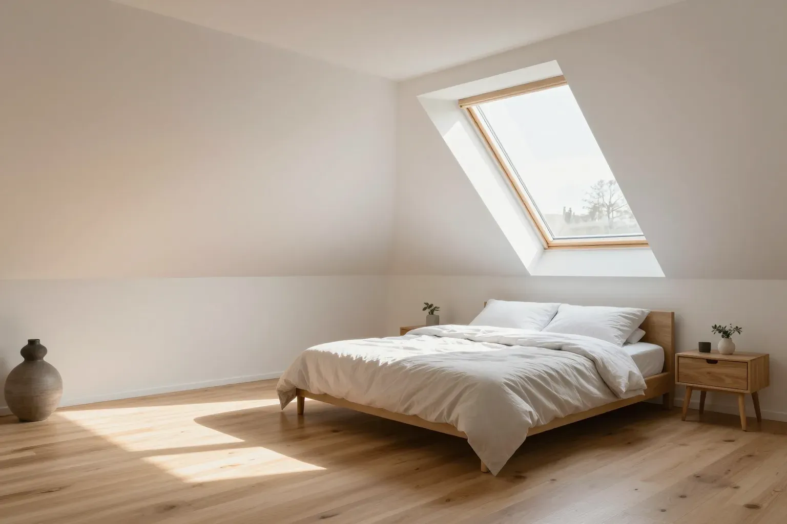 Helles Schlafzimmer im ausgebauten Dachgeschoss