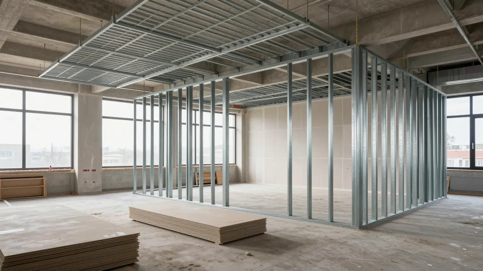 Rohbau mit Metallständerwerk für einen Besprechungsraum