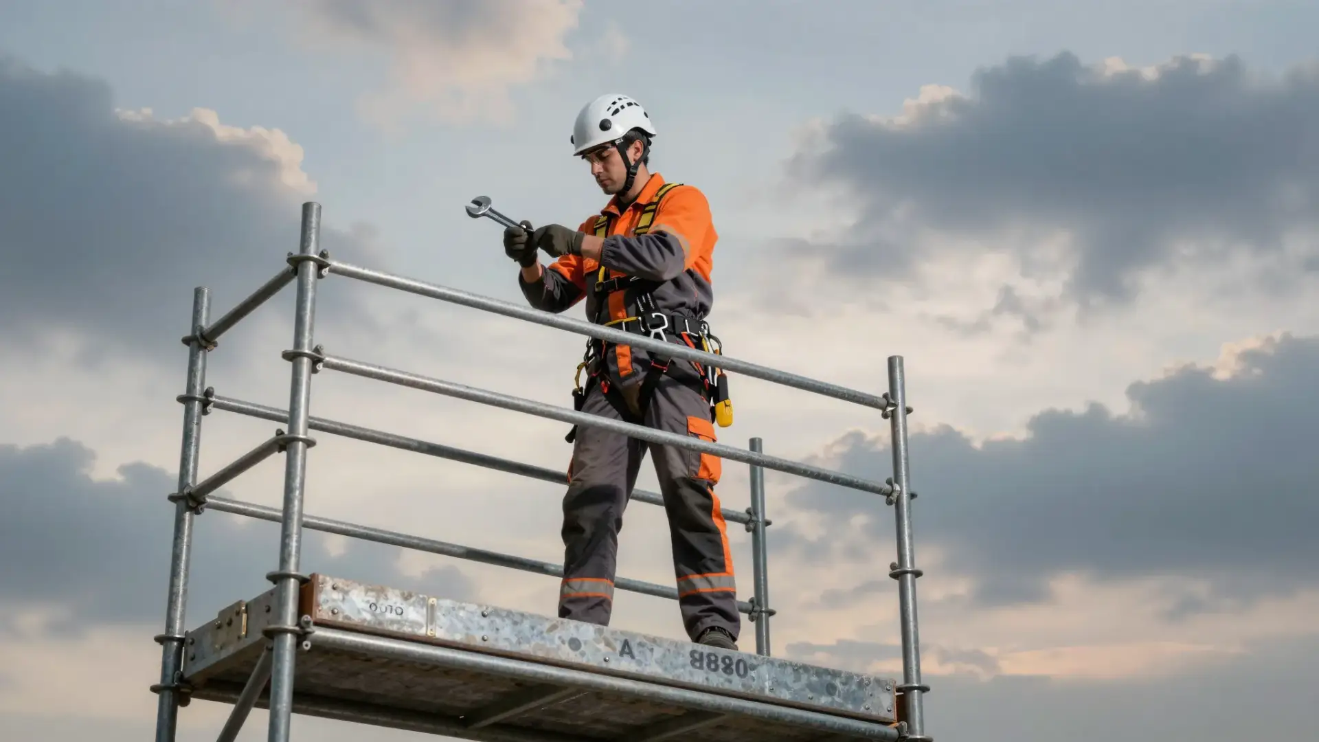 Gerüstbauer der HÖHENWERK Gerüstbau GmbH beim Montieren einer Kupplung auf dem Gerüst