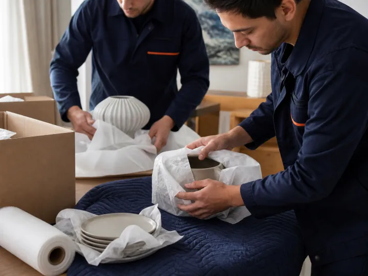 Umzugshelfer verpacken Keramik sorgfältig in Seidenpapier