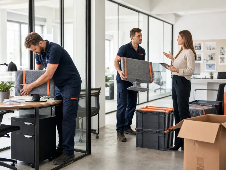 Professionelles Team verpackt Arbeitsplätze für einen Firmenumzug