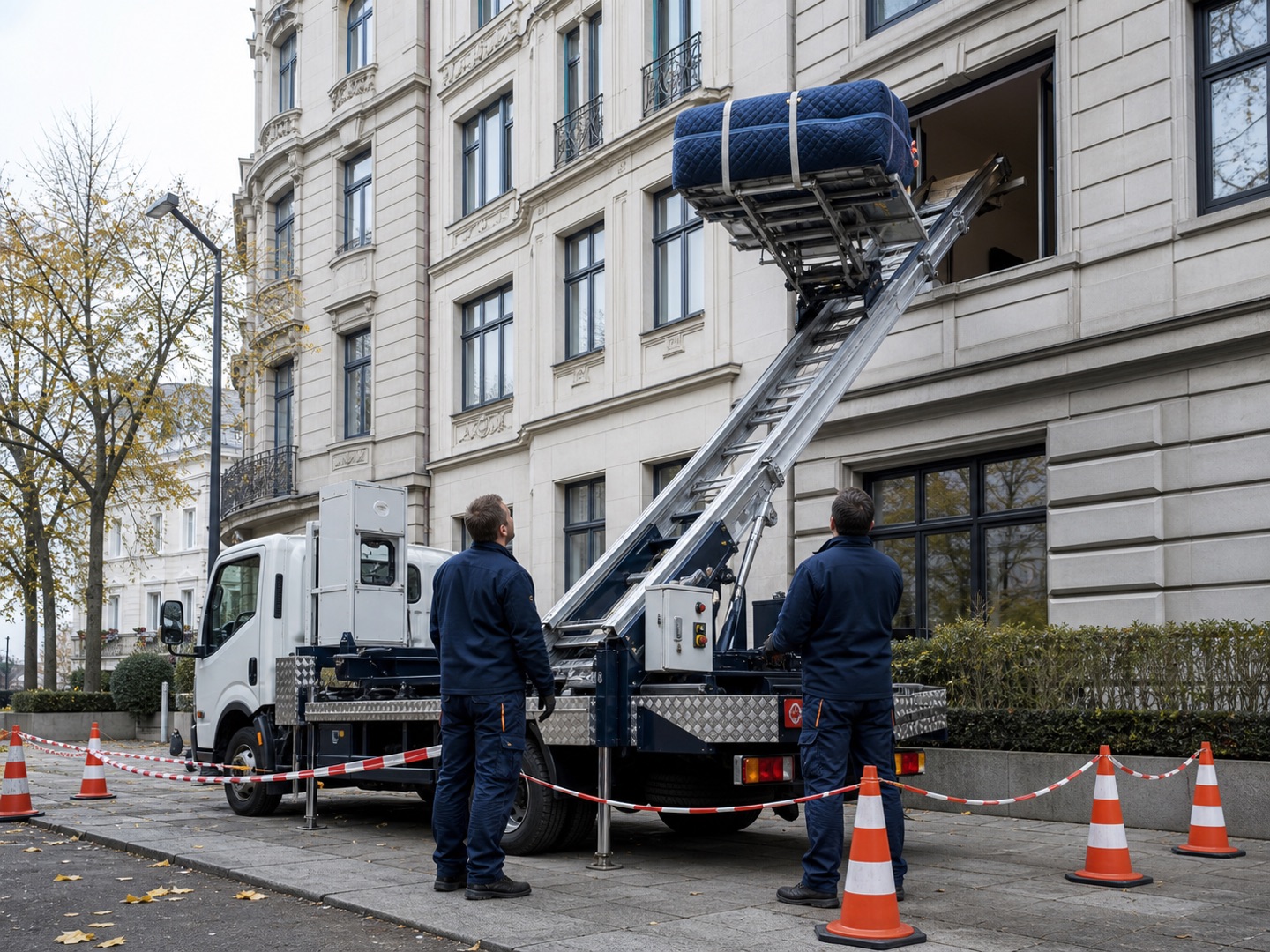 Möbellift hebt ein geschütztes Sofa zu einem oberen Stockwerk