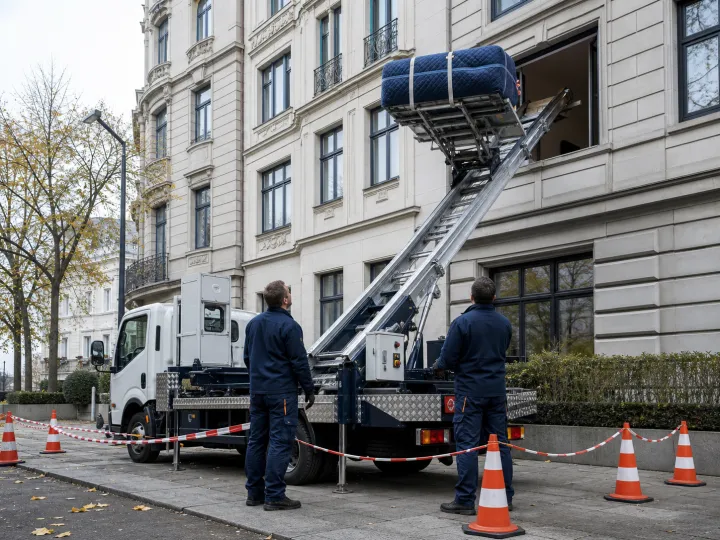 Möbellift transportiert ein geschütztes Sofa zu einem oberen Stockwerk