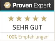 Proven Expert-Bewertung mit fünf Sternen, „SEHR GUT“ und „100% Empfehlungen“