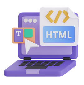 Lilaer Laptop mit HTML-Code-Icon und Sprachsymbolen auf dem Bildschirm