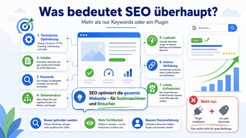 Infografik auf Deutsch erklärt SEO mit sieben Optimierungsbereichen, Suchleiste und steigenden Rankings