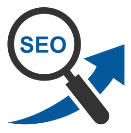 Lupe mit SEO-Schrift und blauem Aufwärtspfeil als Symbol für Suchmaschinenoptimierung