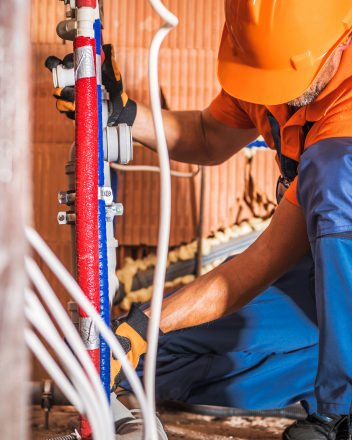 Handwerker in orangefarbener Schutzkleidung arbeitet an einem farbig isolierten Rohrsystem auf der Baustelle