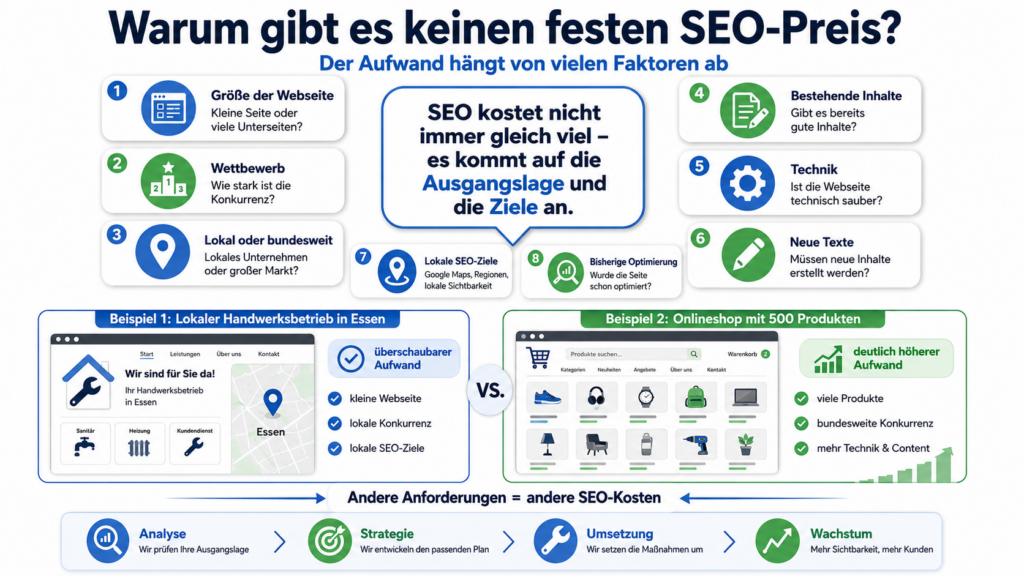 Infografik auf Deutsch über flexible SEO-Preise mit Faktoren, Beispielen und Vergleich von lokalem Betrieb und Onlineshop