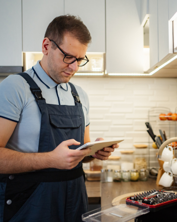 Mann in Schürze liest in der Küche auf einem Tablet neben Werkzeugkasten und Haushaltsutensilien