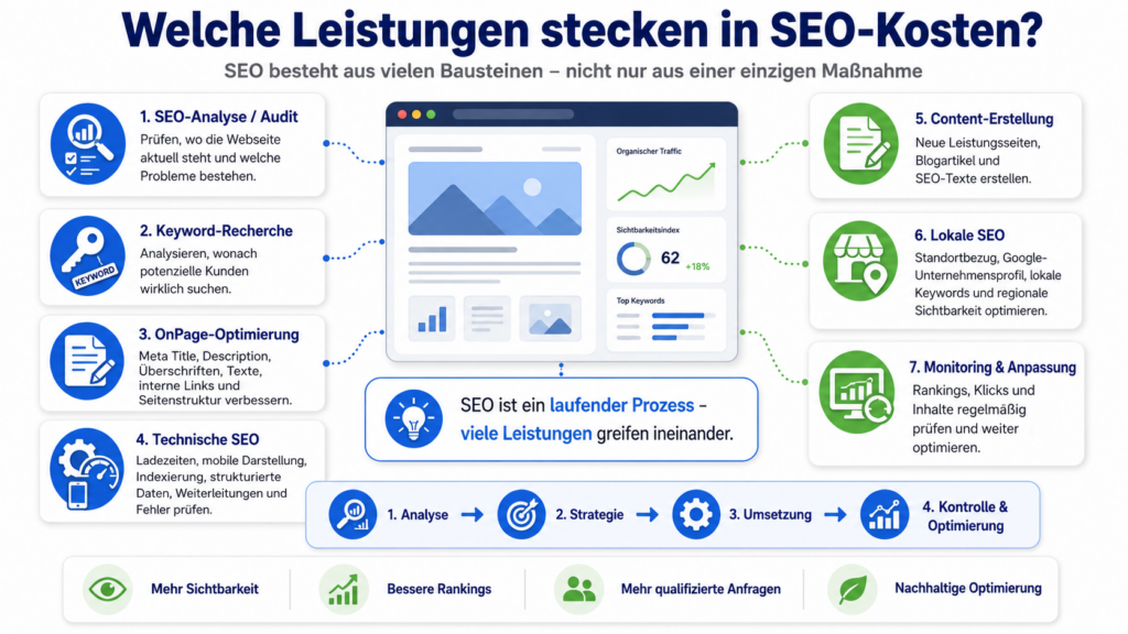 Infografik zu SEO-Kosten mit 7 Leistungen, zentralem Dashboard und Ablauf von Analyse bis Optimierung