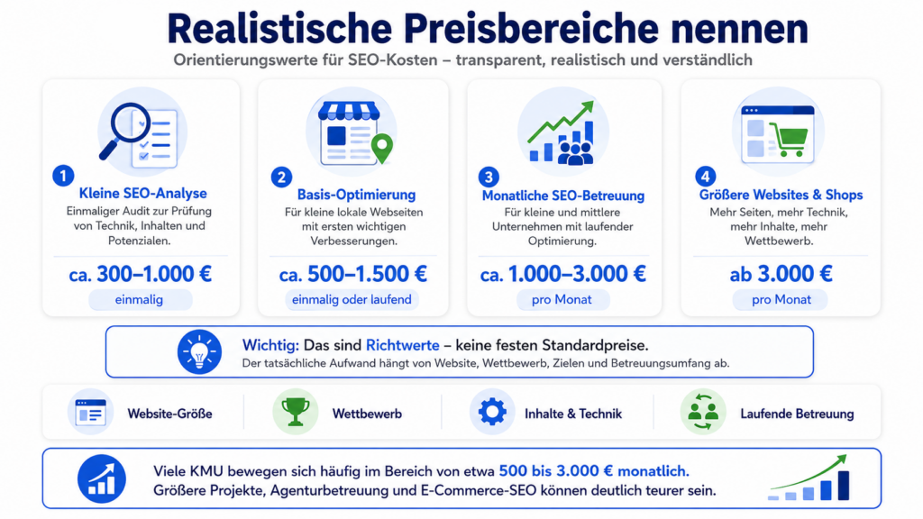 Infografik zu SEO-Kosten mit vier Preisstufen, Icons und Hinweis auf Richtwerte statt Festpreise