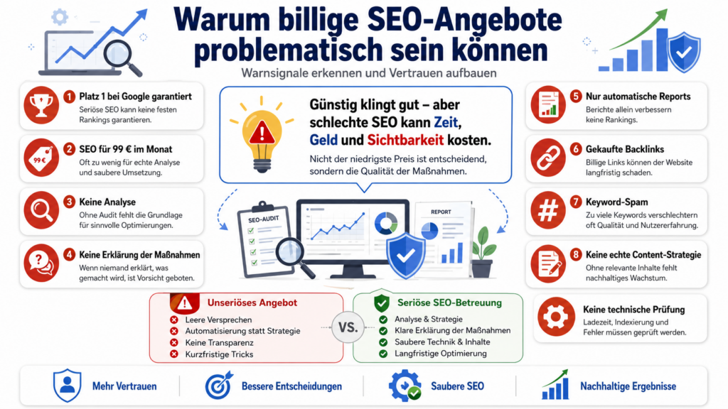 Infografik mit dem Titel Warum billige SEO-Angebote problematisch sein können und einer Gegenüberstellung von unseriösem und seriösem SEO