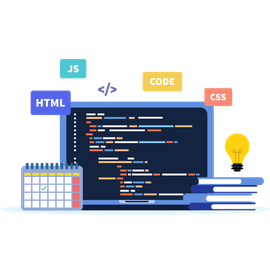 Illustration eines Laptops mit Code, umgeben von HTML-, JS-, CODE- und CSS-Symbolen sowie Glühbirne und Notizblock