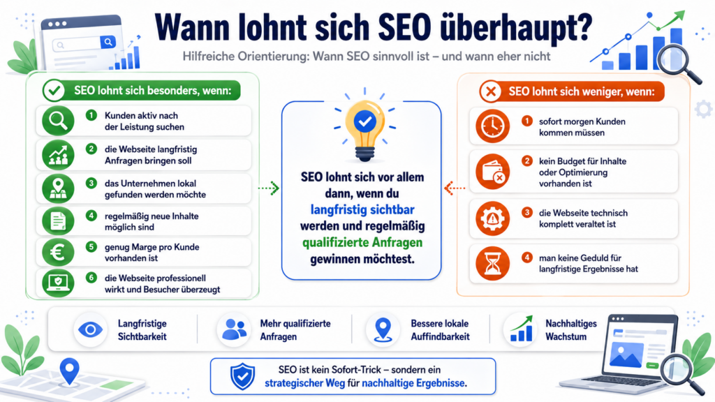 Infografik mit dem Titel Wann lohnt sich SEO überhaupt? zu Vorteilen und Nachteilen von SEO