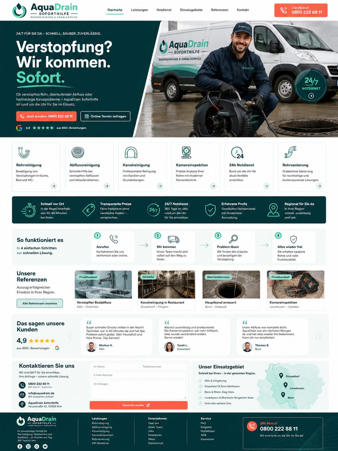 AquaDrain 24/7 Rohrreinigung Service Webseite