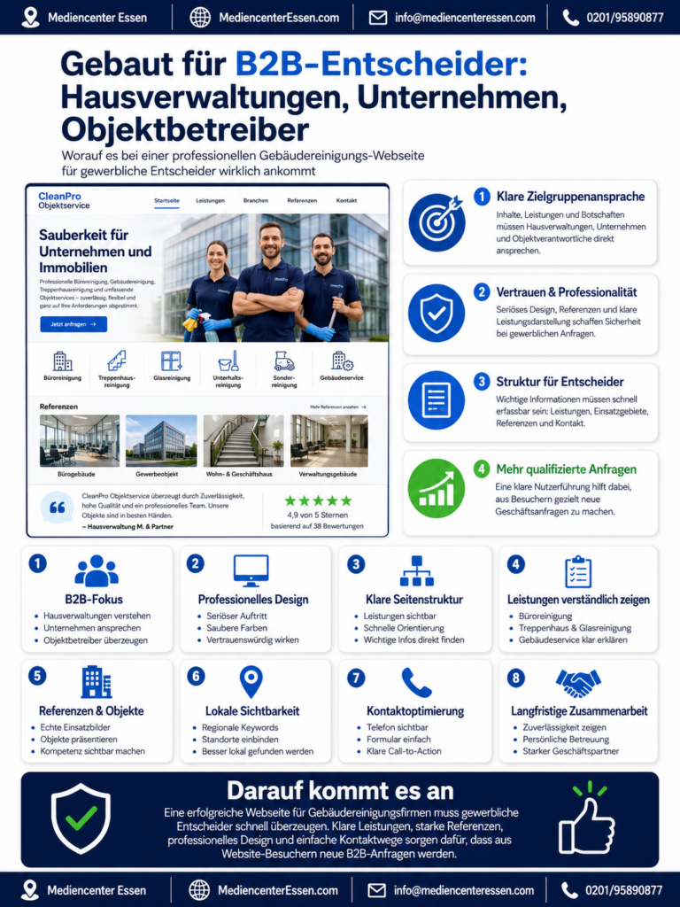Infografik zu einer B2B-Webseite für Gebäudereinigung mit einer Website-Mockup, vier Zielgruppenpunkten und mehreren Symbolkacheln