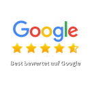 Buntes Google-Logo mit fünf gelben Sternen und dem Text Beste Bewertung auf Google!