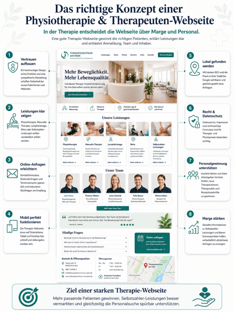 Infografik zum Konzept einer Physiotherapie- und Therapeuten-Website mit zentraler Website-Mockup und acht Nutzenpunkten