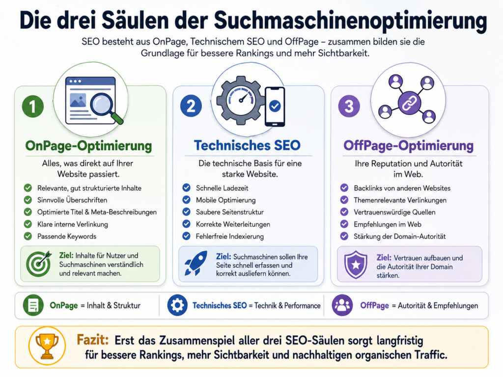 Infografik zu den drei SEO-Säulen: OnPage-, technisches SEO- und OffPage-Optimierung mit Icons und Stichpunkten
