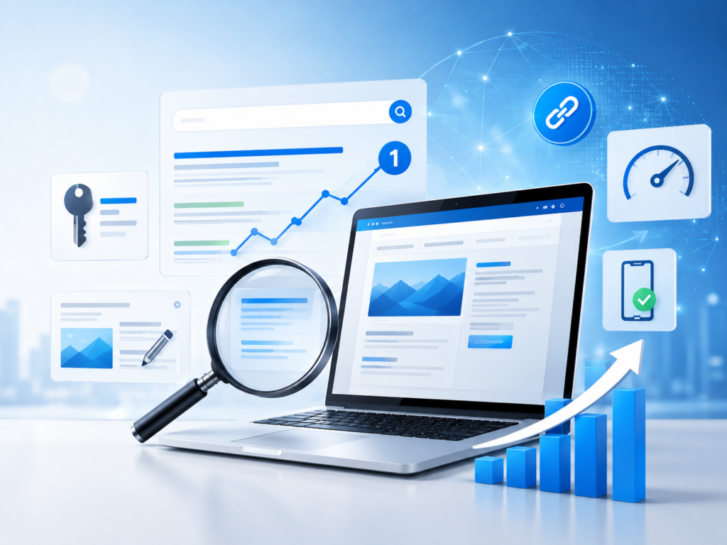 Laptop mit Website-Analyse, Lupe, Such- und SEO-Symbolen sowie steigendem Balkendiagramm
