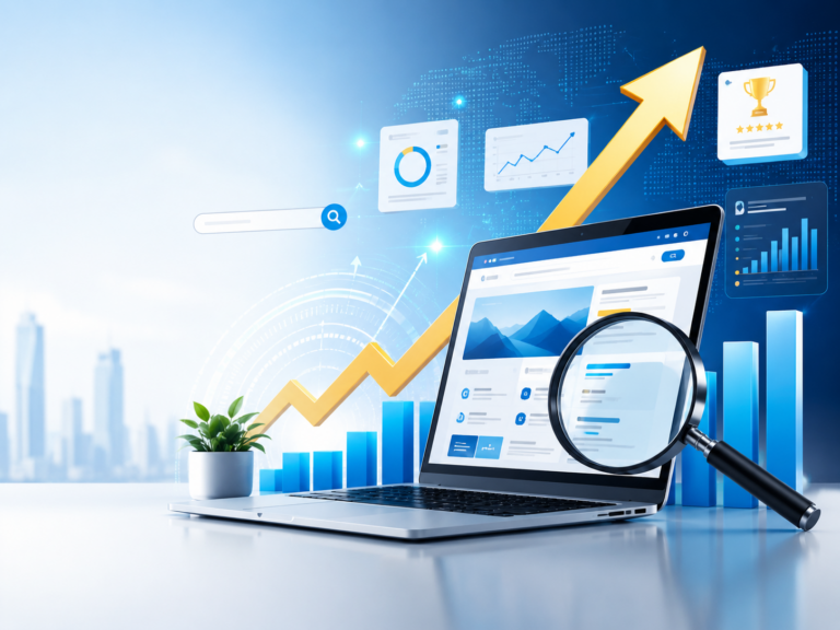 Laptop mit Suchlupe, wachsenden Balkendiagrammen und steigendem Pfeil für SEO-Analyse und Wachstum