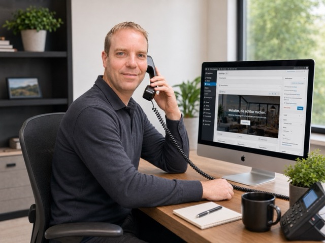 Ich spreche am Telefon mit einem Kunden über webdesign Medium