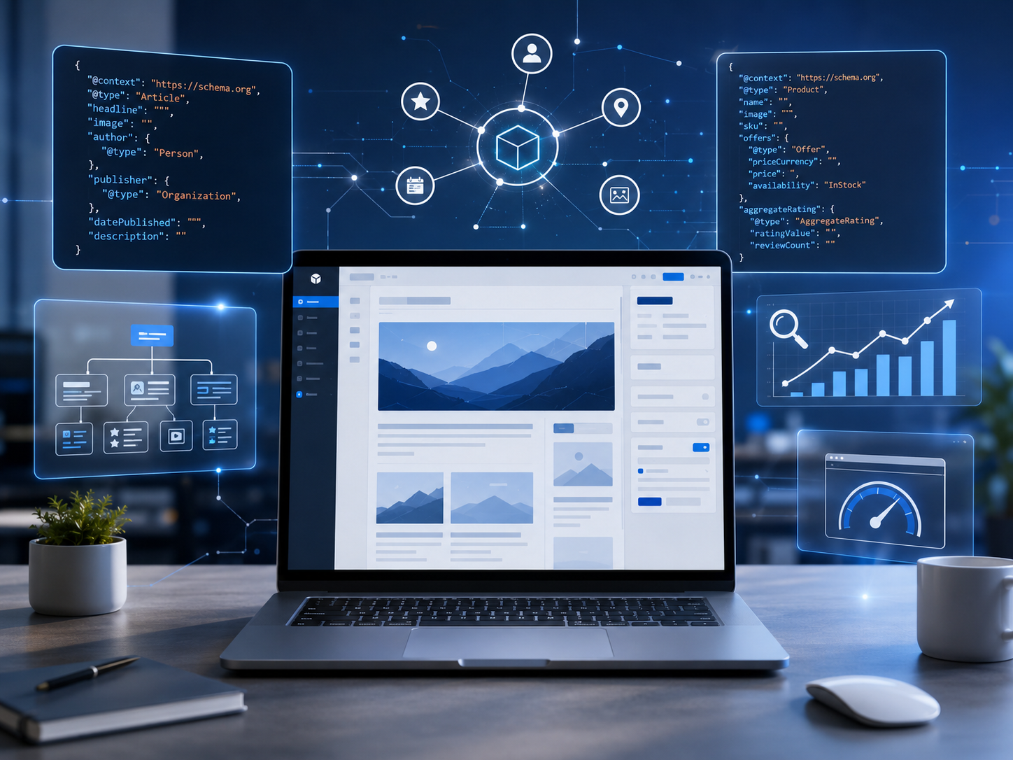 Laptop mit Website-Editor, umgeben von SEO- und Schema-Visualisierungen, Diagrammen und Code-Elementen auf blauem Hintergrund