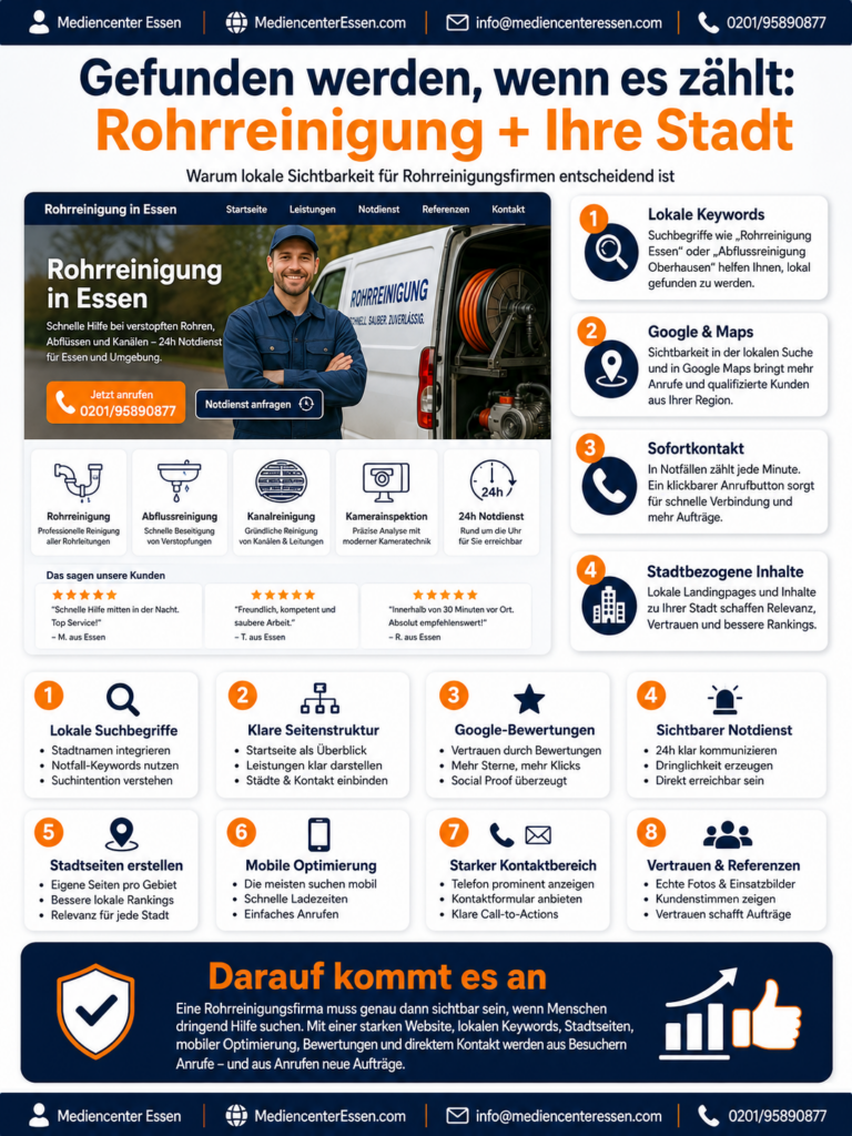 Infografik zur lokalen Sichtbarkeit von Rohrreinigung in Essen mit vielen Tipps, Icons und Kontaktangaben