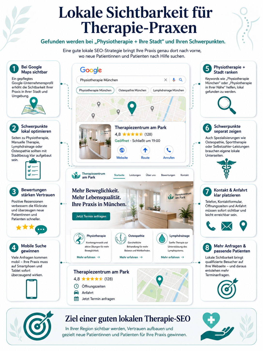 Infografik zu lokaler SEO für Therapie-Praxen mit 8 Tipps, Google-Maps-Suchanzeige und Praxis-Website-Ansicht