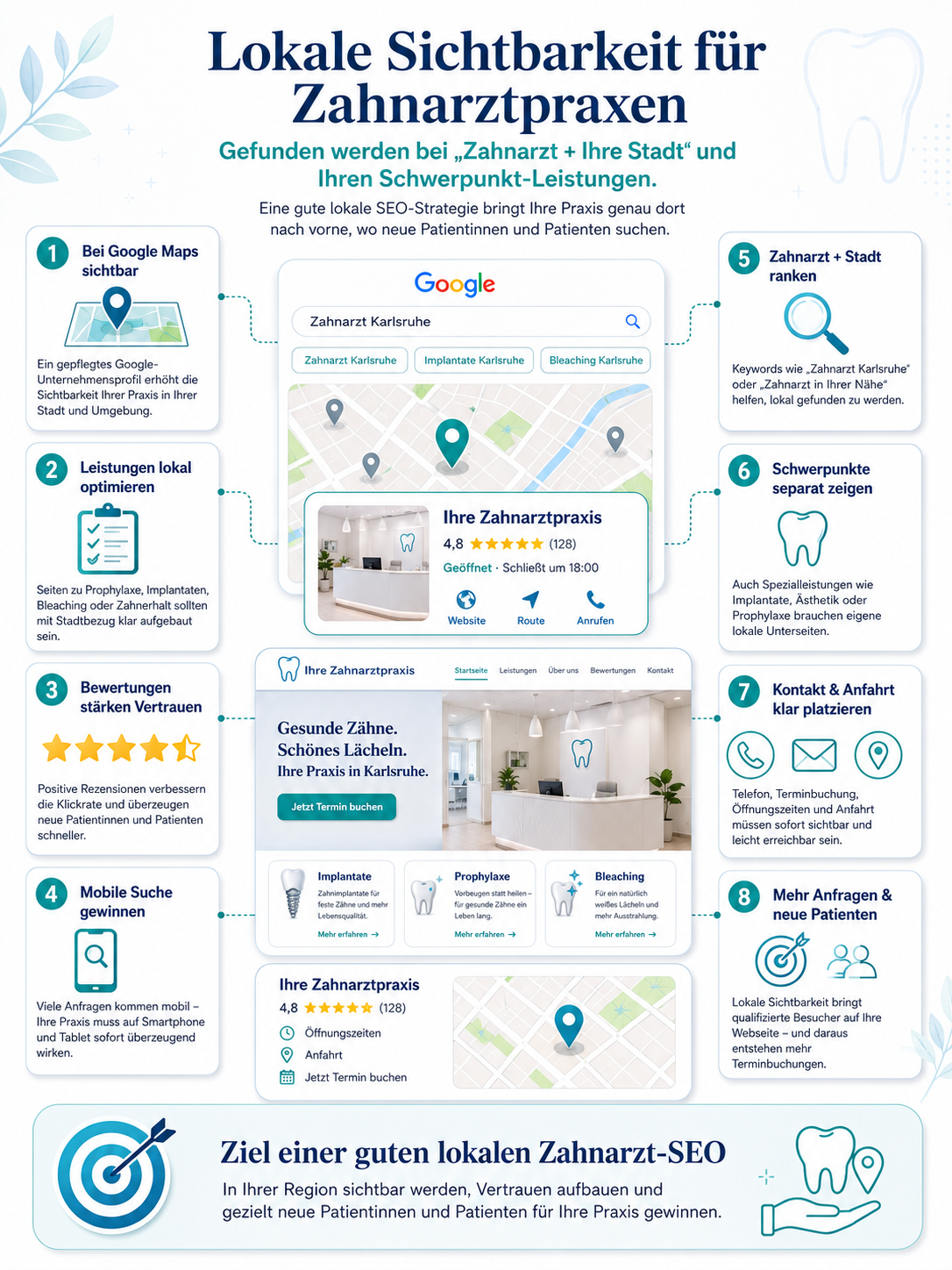 Infografik zu lokaler Sichtbarkeit für Zahnarztpraxen mit 8 SEO-Tipps, Google Maps und Praxisbeispielen