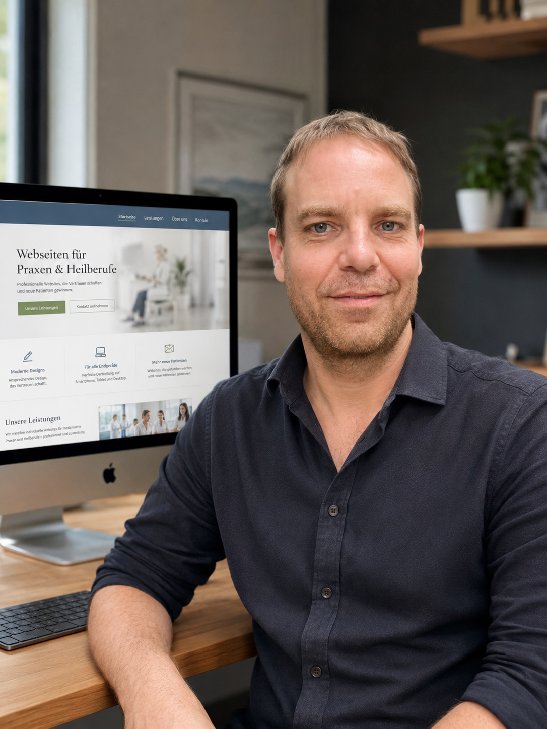 Mann sitzt am Schreibtisch neben einem iMac mit einer Website für Praxen und Heilberufe auf dem Bildschirm