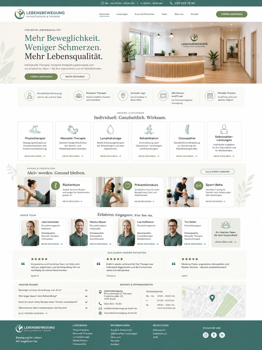 Moderne Physiotherapie Website in sanften Grüntönen