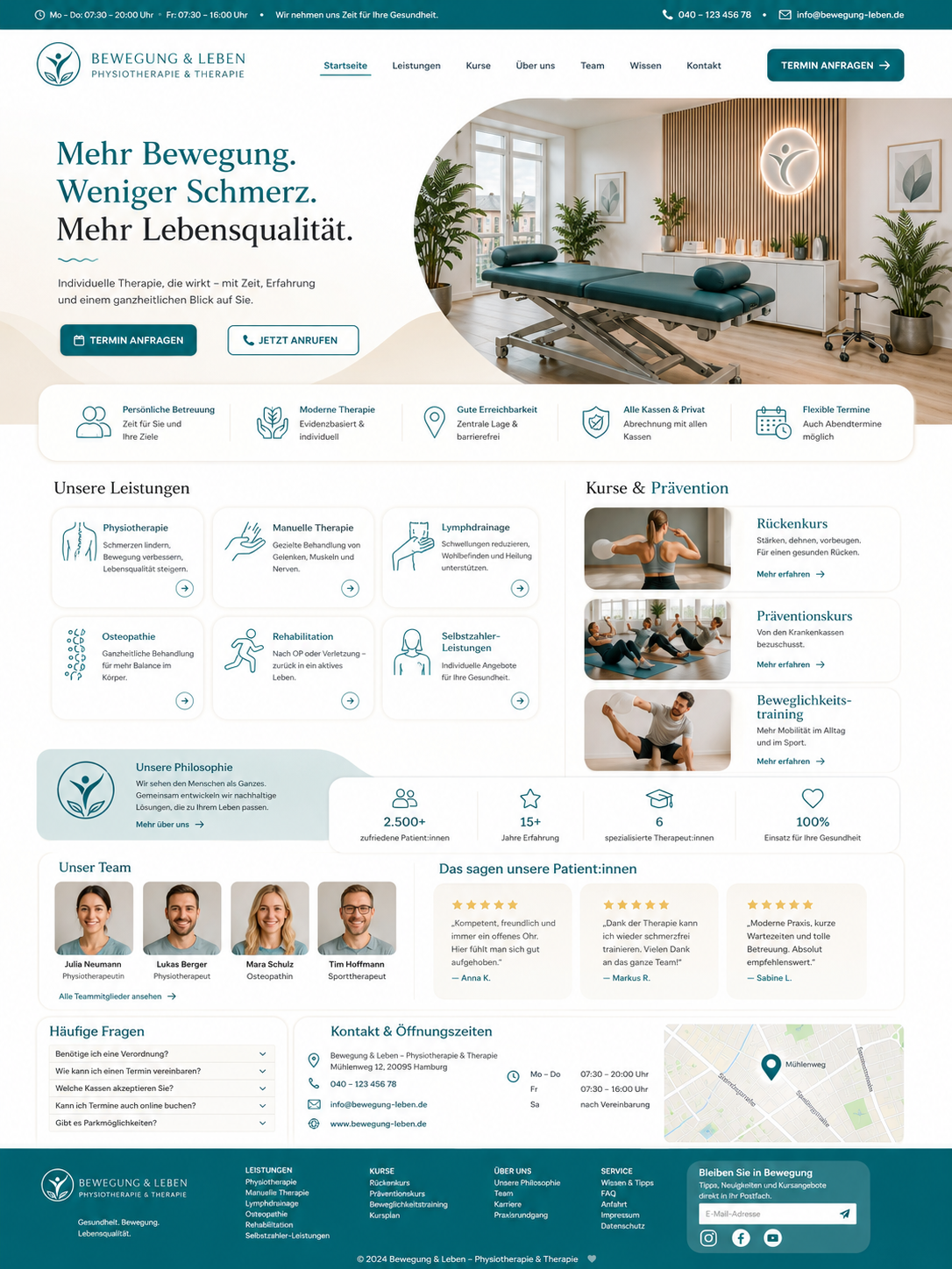 Moderne Physiotherapie Website in sanften Tönen