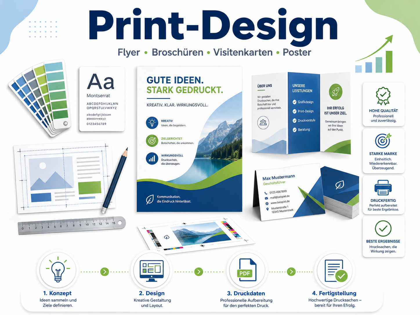 Modernes Printdesign und Prozessübersicht