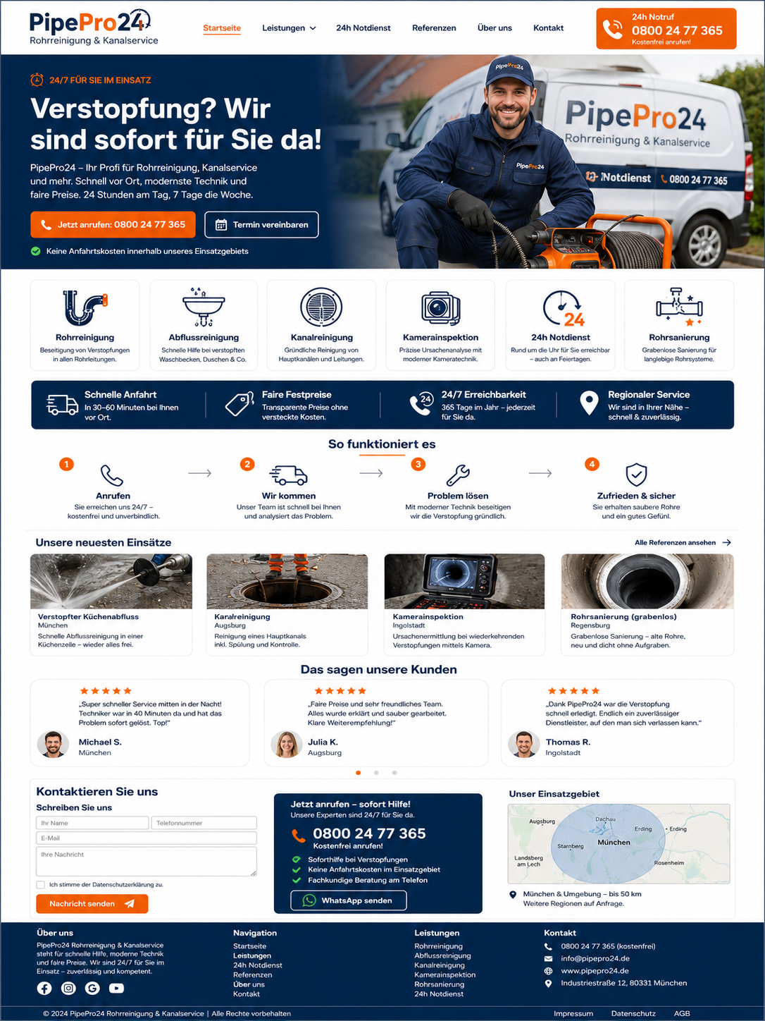 PipePro24 Website Design Layout für Rohrreinigung