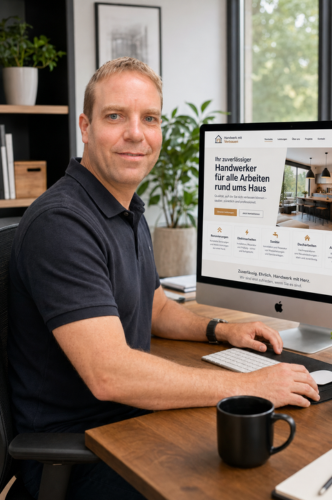 Mann sitzt am Schreibtisch vor einem iMac mit Handwerker-Website und blickt in die Kamera