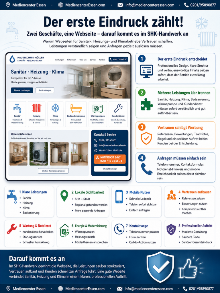 Infografik zur SHK-Webseite mit Website-Mockup und acht Tipps für einen professionellen ersten Eindruck