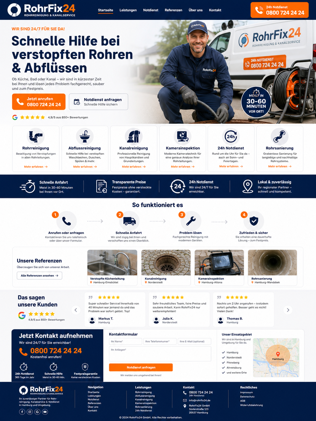 RohrFix24 Webseite für Rohrreinigung Notdienst