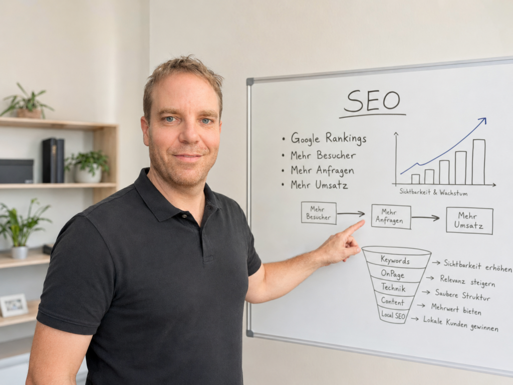 Mann zeigt auf Whiteboard mit SEO-Notizen, Wachstumsgrafik und Stichpunkten zu mehr Besuchern, Anfragen und Umsatz