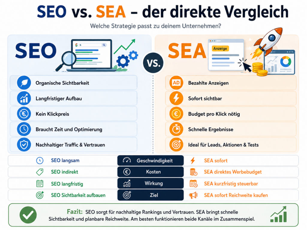 Infografik „SEO vs. SEA“ mit Vergleich von organischer Sichtbarkeit und bezahlten Anzeigen, plus Fazit unten