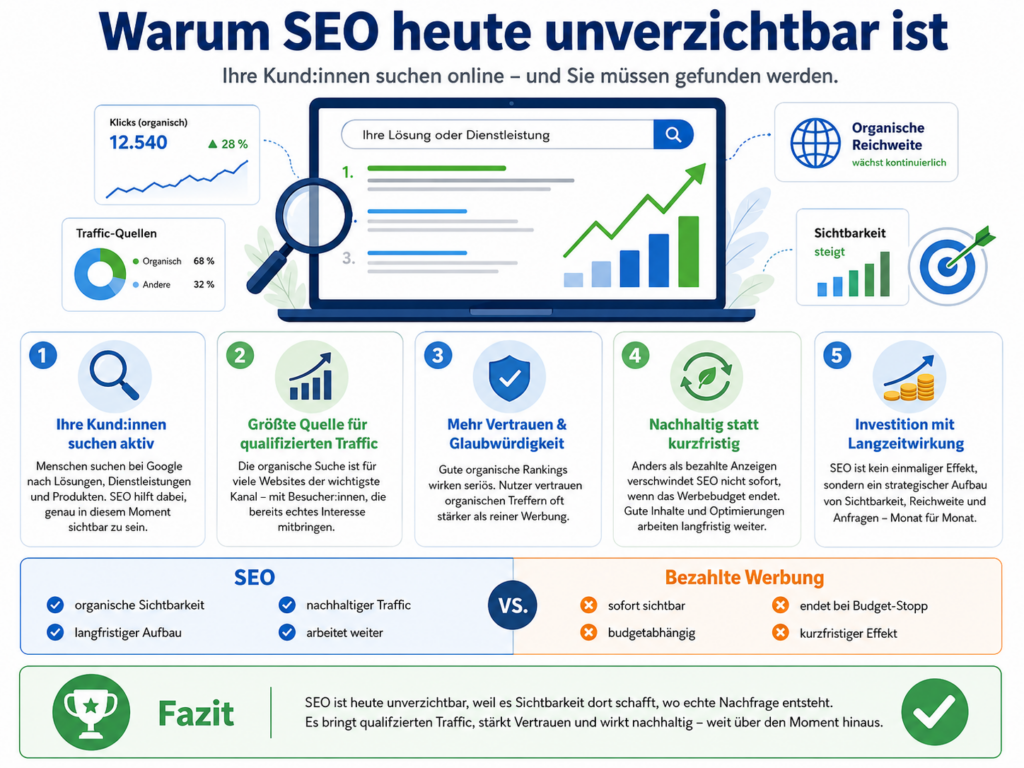 Infografik über SEO mit Suchgrafiken, Wachstumsdiagrammen und dem Titel „Warum SEO heute unverzichtbar ist“