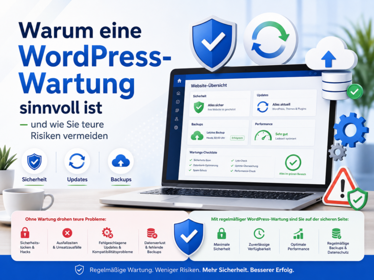 Infografik zu WordPress-Wartung mit Laptop-Dashboard, Sicherheits- und Update-Symbolen sowie deutschen Hinweisen zu Risiken und Vorteilen
