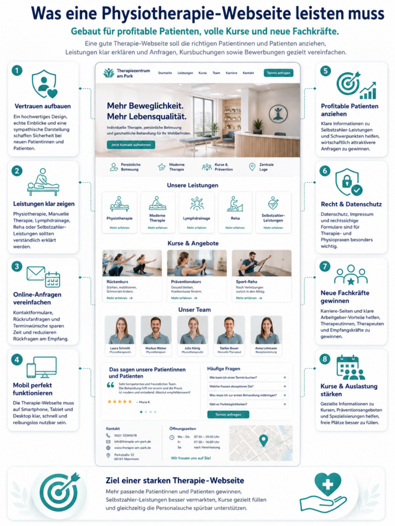 Infografik zu einer Physiotherapie-Webseite mit 8 Erfolgsfaktoren, zentraler Website-Mockup und Behandlungs-, Kurs- und Teamübersicht